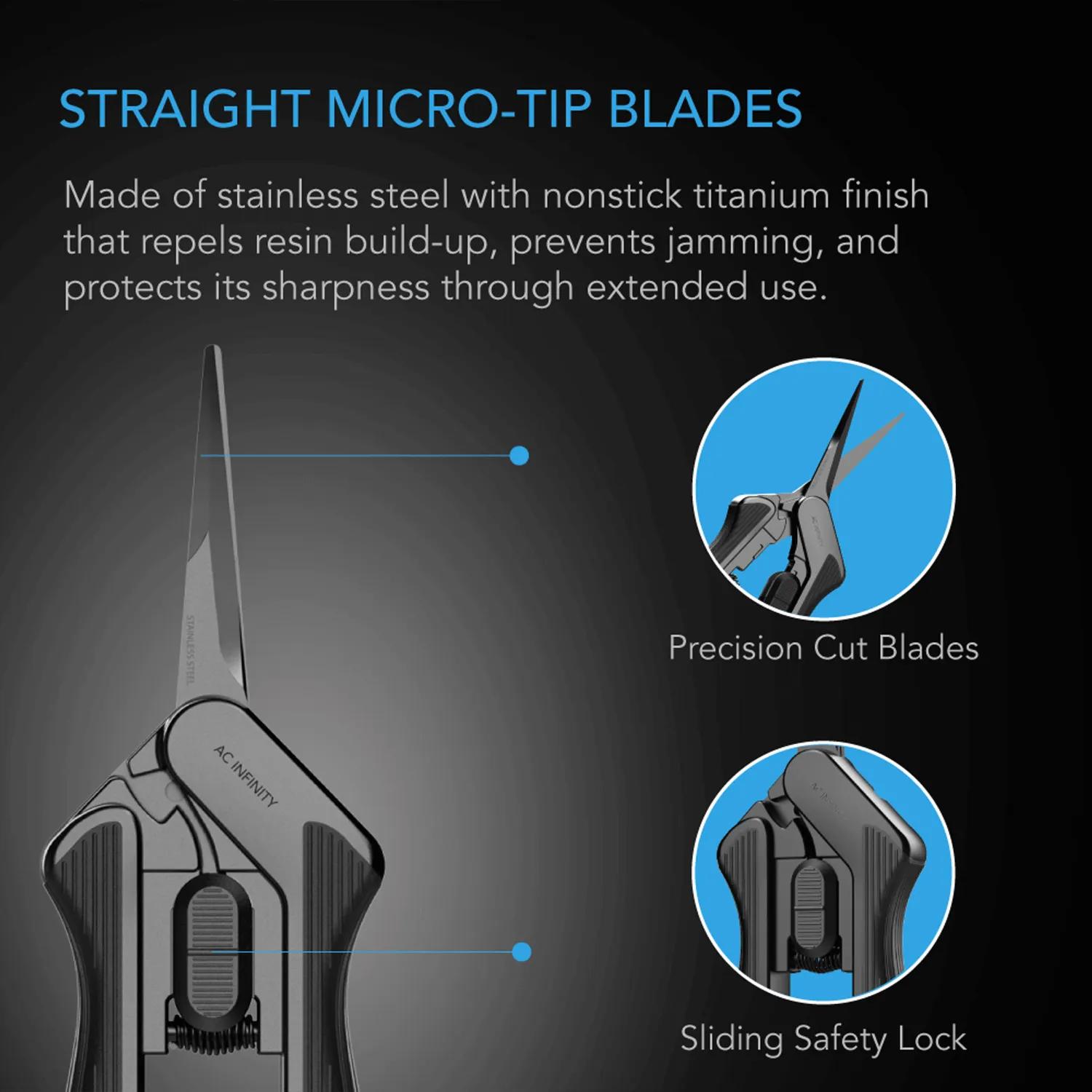 AC Infinity Stainless Steel Pruning Shear, Ergonomic Lightweight, 6.6" Straight Blades