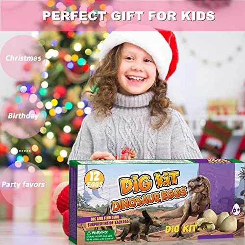Dino Eggs Dig Kit, 12 Pack Dinosaur Eggs Excavation Science Experiments Kits for Kids 4-12, Easter Basket / Stocking Stuffers, Toys for 3  4 5 6 7 8 9 10 Year Old Boys Girl