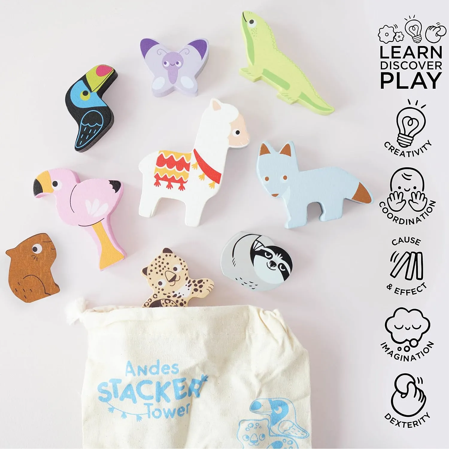Educational Andes Wooden Animal Stacking Tower Toys And Bag  Learning Activity Toys For Toddlers Development