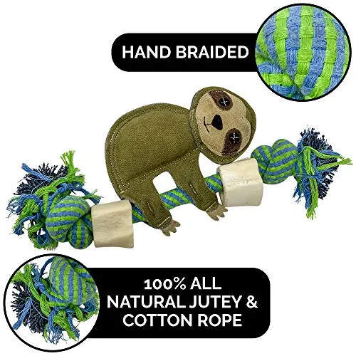 Pet Zone Choy All Natural Rope and Water Buffalo Bone Dog Chew Dog Toys (Eco-Friendly Interactive Dog Toys, Dog Chew Toy, Dog Bone, Dog Rope Toy, and Dog Tug Toy) Sloth Choy